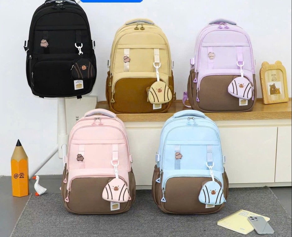 Balo Nữ Học Sinh Phối Màu Kèm Túi Mini Hình Gấu (Mẫu EK6601)